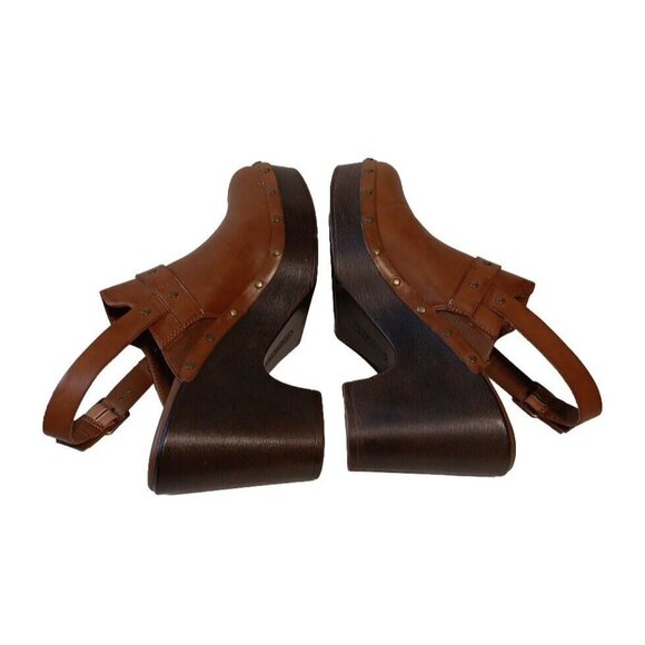 Frye and Co Fabry Womens US 10 Brown Vegan Leather Harness Mules Clogs 4" Heel - Picture 6 of 11